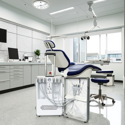 Desain Koper Unit Gigi Portabel Unit Perawatan Gigi Bergerak Genggam dengan Kompresor, Curing Light, dan Scaler Bawaan